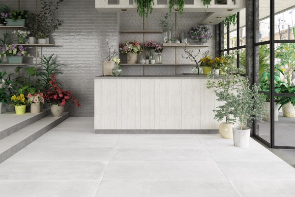 White concrete floor tiles