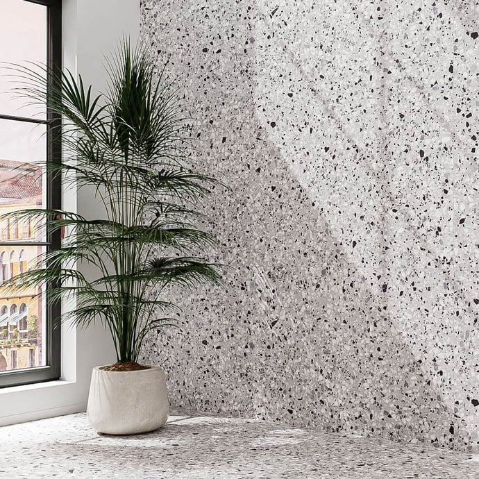 Large slabs in the classic gray and black Venetian terrazzo floor