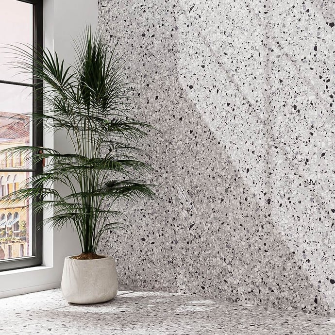 Large slabs in the classic gray and black Venetian terrazzo floor