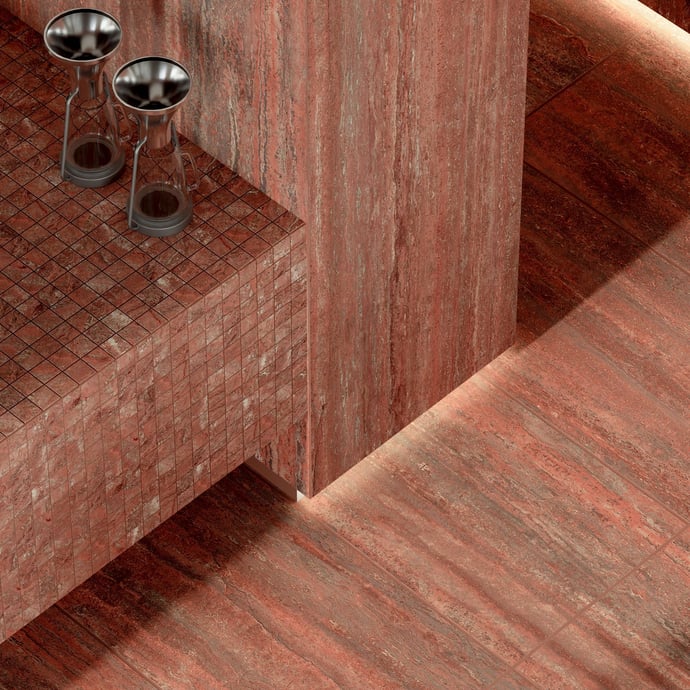 Zeitgenössischer Roter Veincut Travertin Mosaik